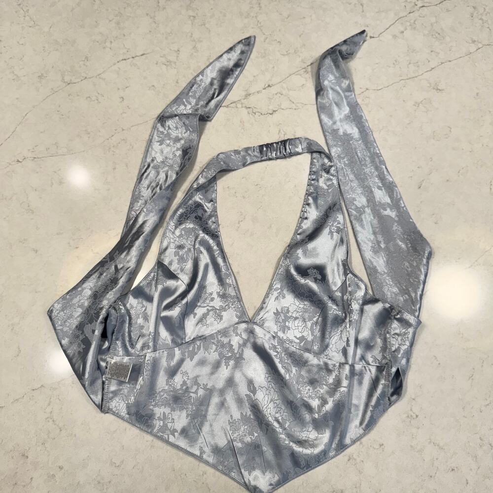 Windsor Satin Jacquard Halter Top Gray Silver Women's Large Tie Y2K Party Baddie - Picture 12 of 16